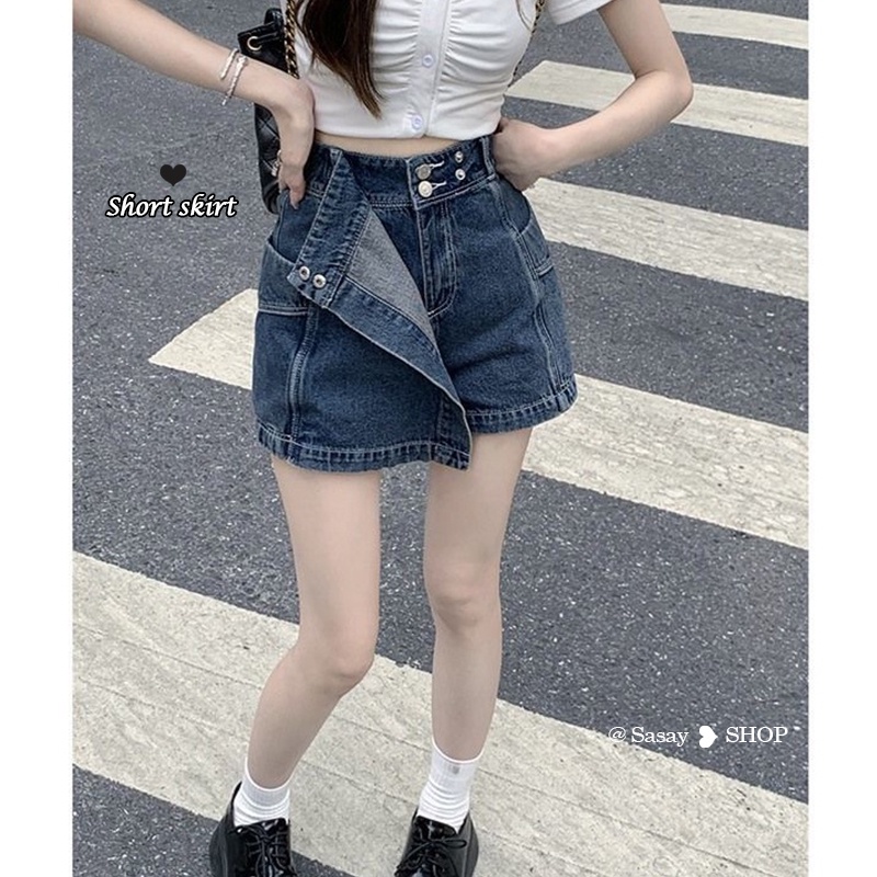 Lrregular denim culottes mùa hè mới retro eo cao váy chữ A váy hông nhỏ