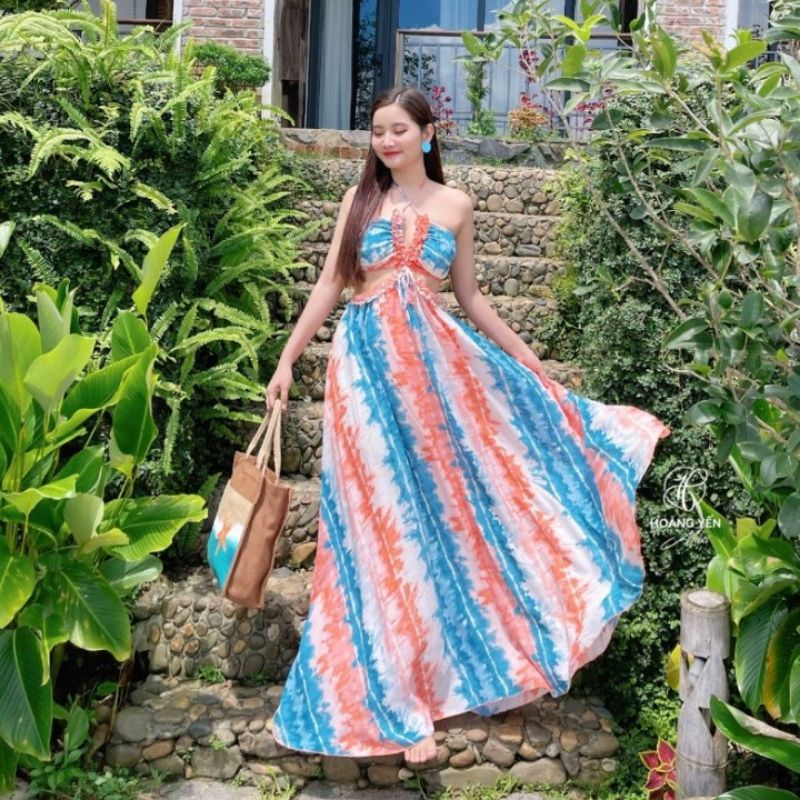 Váy đi biển, đầm maxi đi biển khoét ngực kẻ sọc form ngắn và form dài