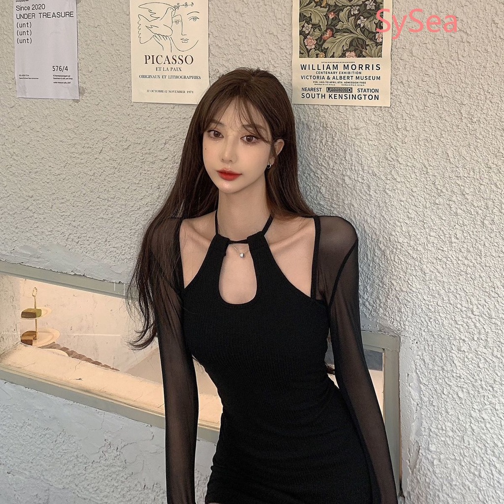 Đầm Tay Dài Phối Lưới Thiết Kế Xẻ Tà Thời Trang Mùa Thu Quyến Rũ Cho Nữ