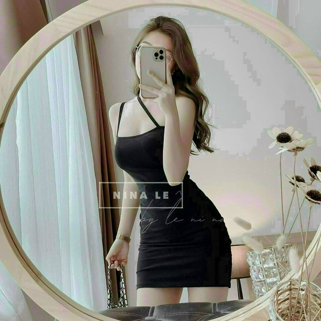 Đầm thời trang nữ mặc đi chơi chất thun cotton đen kèm áo khoác gân tăm nâu dài tay