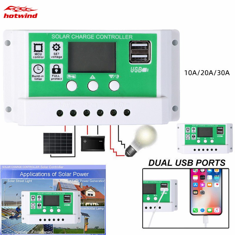 HW Solar Panel Charger Controller Lithium Battery LCD Display PWM Dual USB 10A/20A/30A 12V 24V