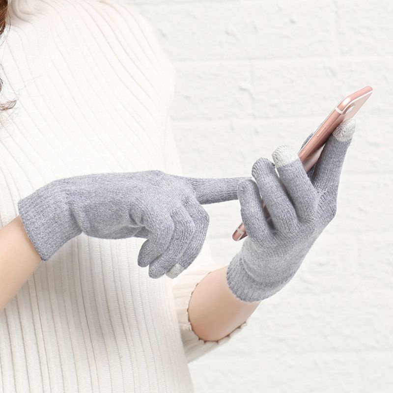 Găng Tay Len Hở Ngón Co Giãn Màu Trơn Giữ Ấm Mùa Đông Có Thể Chạm Màn Hình Cảm Ứng Dành Cho Nữ