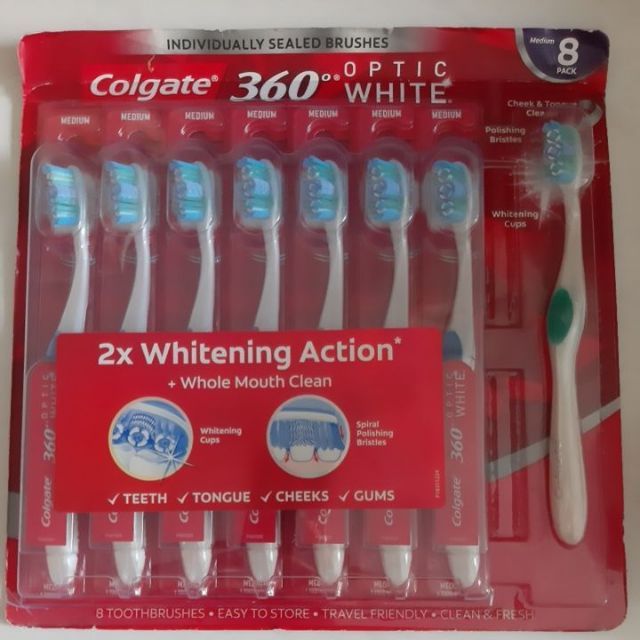 BỘ 4 CÂY BÀN CHẢI ĐÁNH RĂNG COLGATE 360 OPTIC WHITE TỪ MỸ. MEDIUM lông bàn chải mềm.
