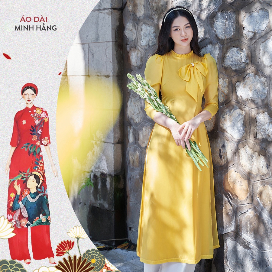 Áo dài cách tân nữ 4 tà tơ óng may sẵn bigsize đính nơ ngực thiết kế tay bồng đẹp nhẹ nhàng, Áo dài Minh Hằng- MH001
