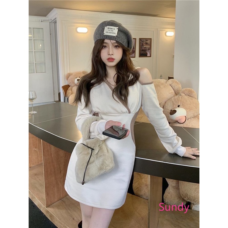 Đầm Trễ Vai Cổ Chữ V Thời Trang Xuân Thu Phong Cách Phương Tây Dành Cho Nữ