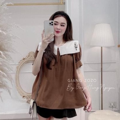 💃 Áo Babydoll Nữ Nâu Cổ Phối Chất Đũi