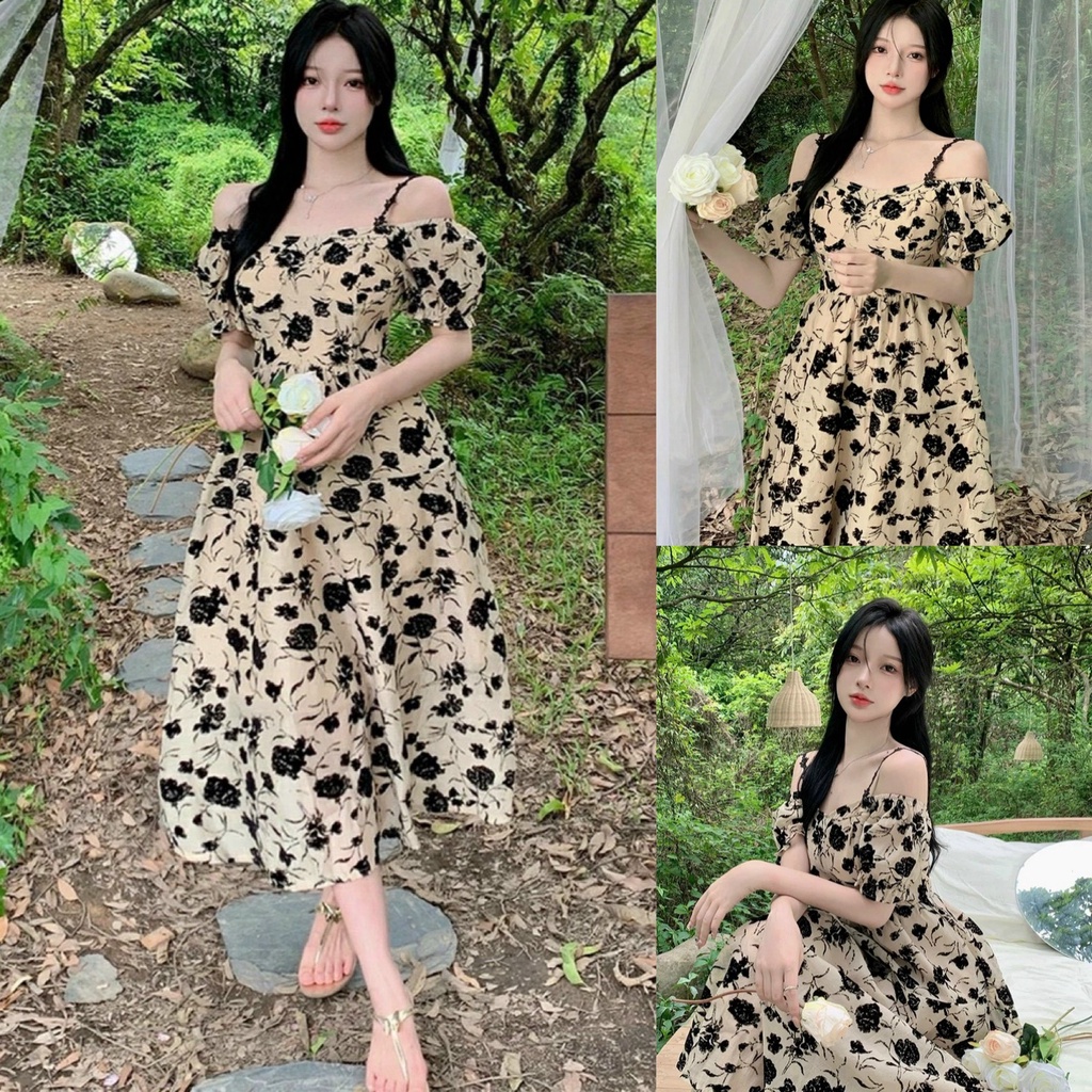 Đầm váy nữ hoa trễ vai xinh xắn với 3 màu tôn da, tôn dáng dành cho các tình yêu đi chơi
