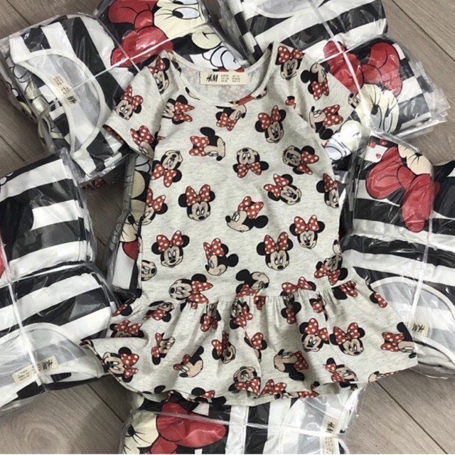 Set Cặp Váy H&amp;M Minnie Xuất Dư Ngắn Tay Xinh Xắn CHất Cotton Cho Bé Gái Từ 2-10 Tuổi