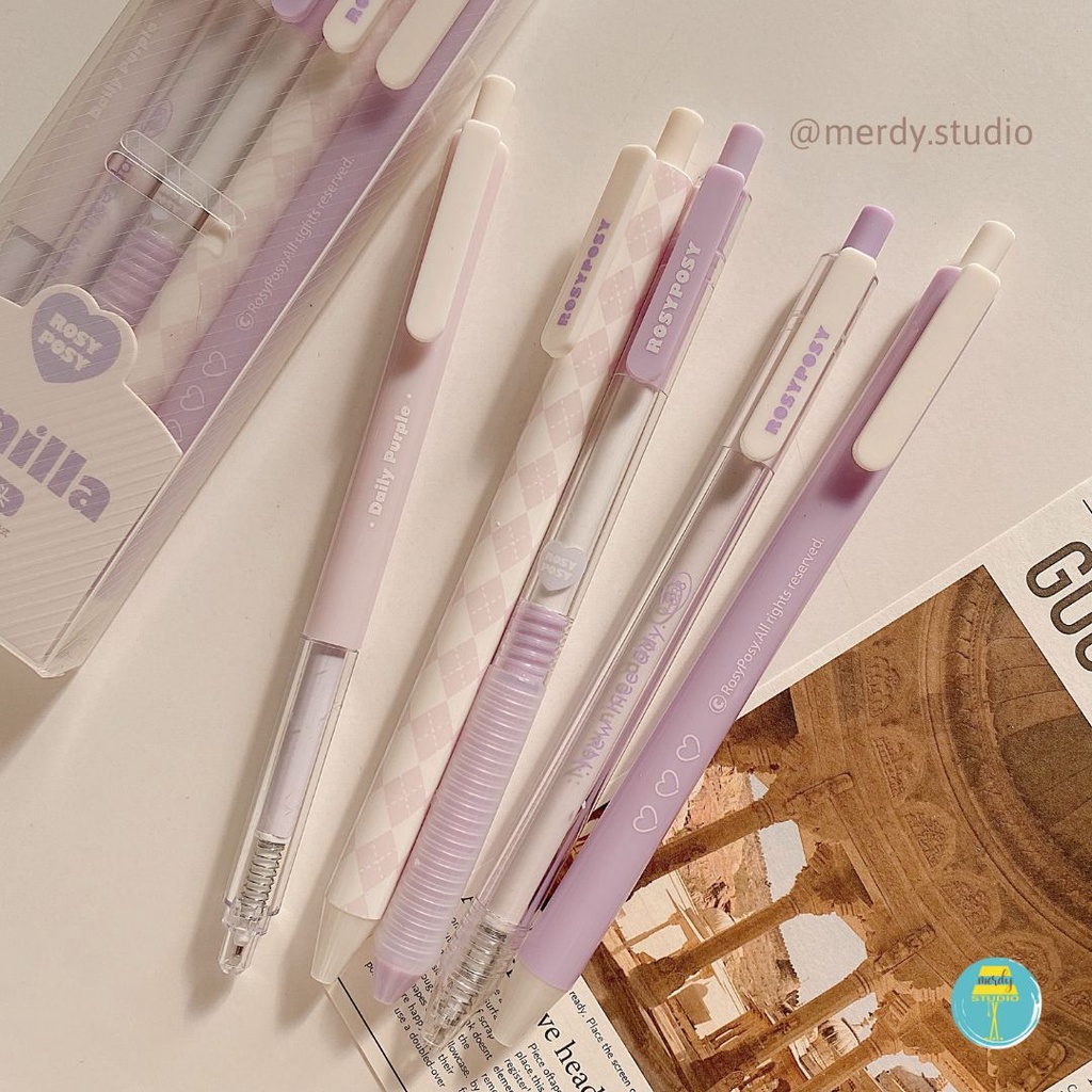 Set 5 cây bút bấm Rosy Posy màu pastel mực đen