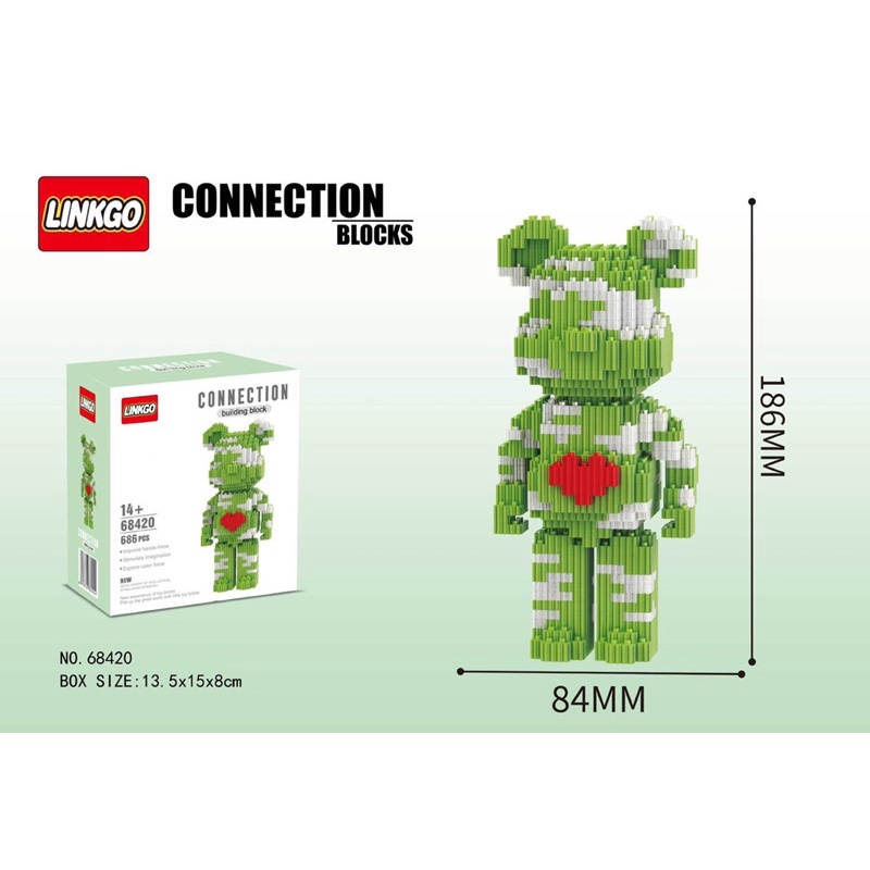 Xếp hình le go Gấu Bearbrick 19cm Đồ chơi lắp ráp mô hình bear brick 3D dễ thương .