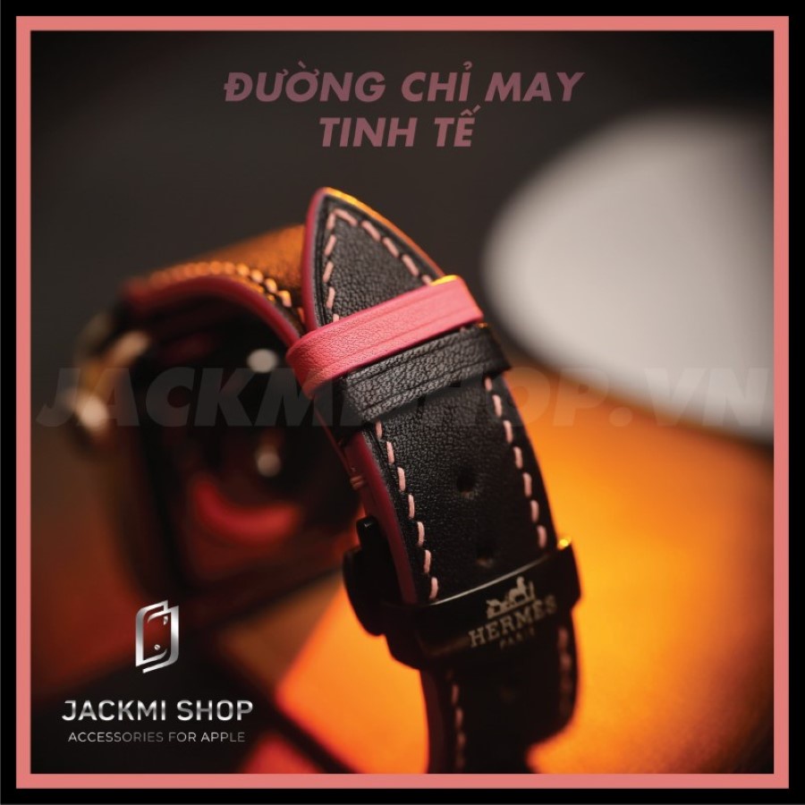 [BẢO HÀNH 1 NĂM] Dây Da BÊ SWIFT Đen chỉ Hồng Khoá Bướm cho Apple Watch series 7/6/5/4/3/2/1