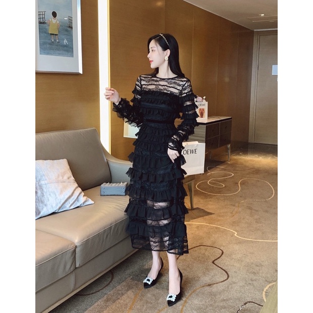 đầm maxi ren tầng xoè tiểu thư qccc
