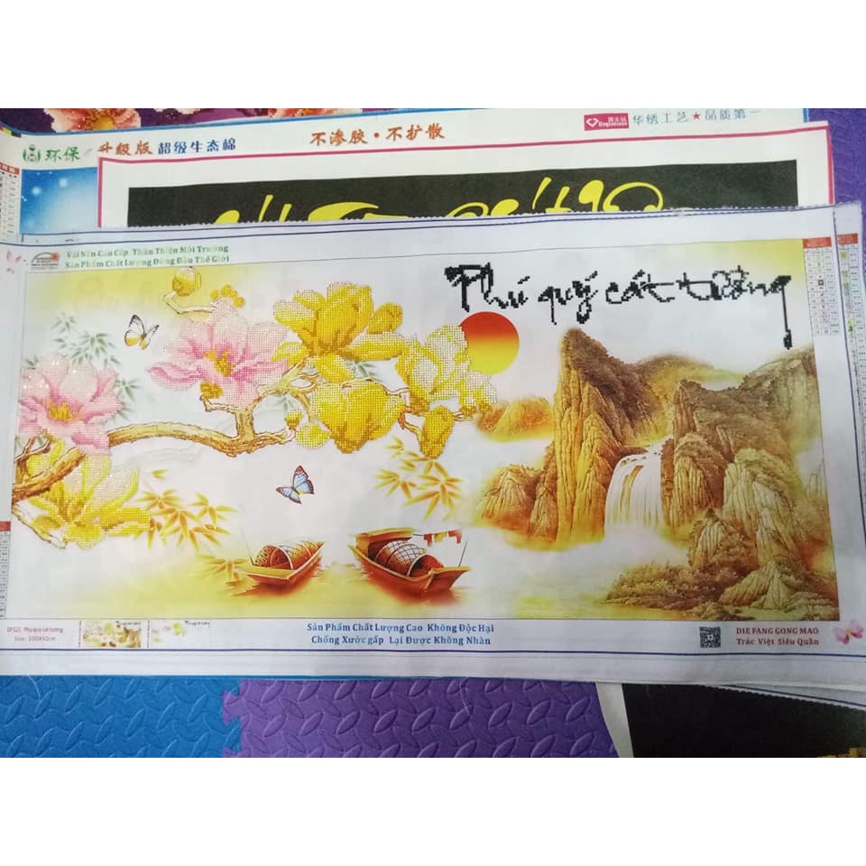 Tranh đính đá phú quý cát tường KT:100x50cm. Tranh gắn đá tự làm.