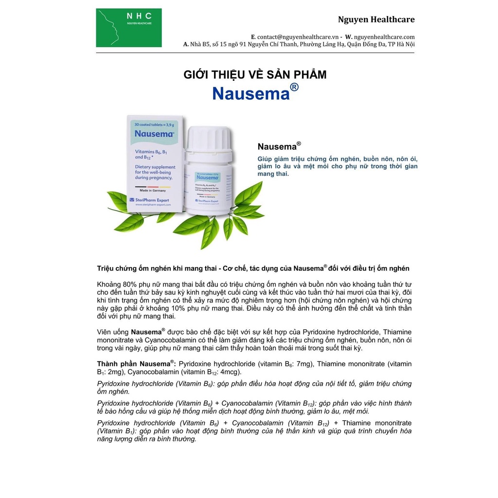 Nausema viên uống chống ốm nghén, tạo máu, giảm chóng mặt lo âu cho mẹ bầu - Hộp 30 viên