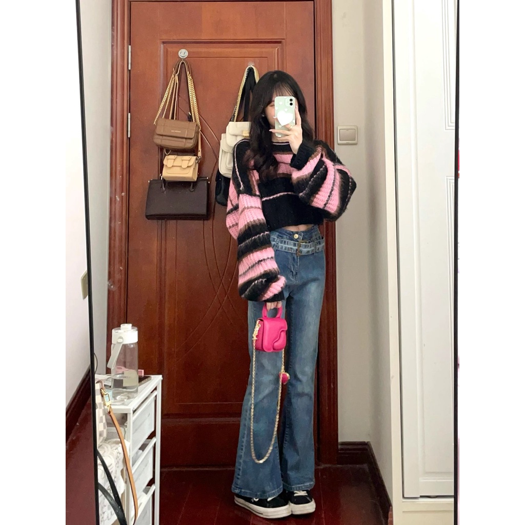 Áo Croptop Dệt Kim Dáng Rộng Tay Dài Họa Tiết Kẻ Sọc Màu Sắc Tương Phản Phong Cách Hàn 9504