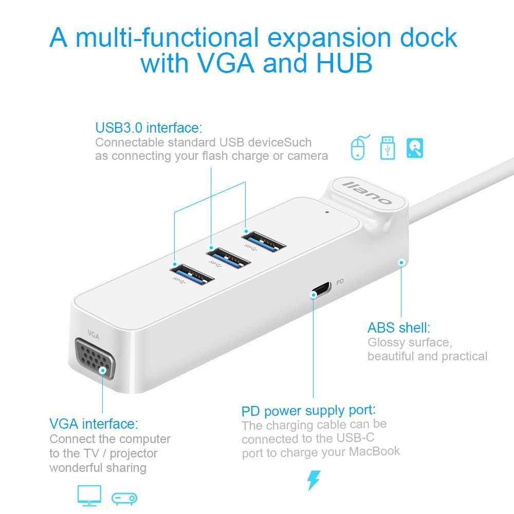 Bộ HUB Chuyển Đổi llano Type C sang VGA USB 3.0 Hỗ Trợ Sạc Cho Macbook 12 New Pro