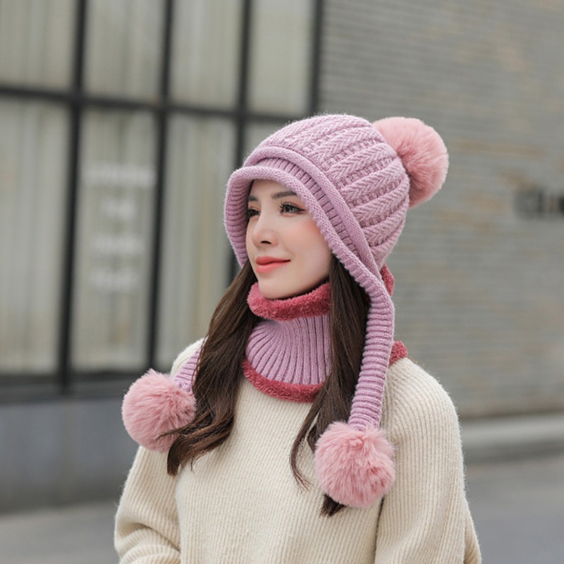 Set Mũ beanie + Khăn Choàng Cổ + Khăn Choàng Cổ Dệt Kim Giữ Ấm Thời Trang Cho Nữ