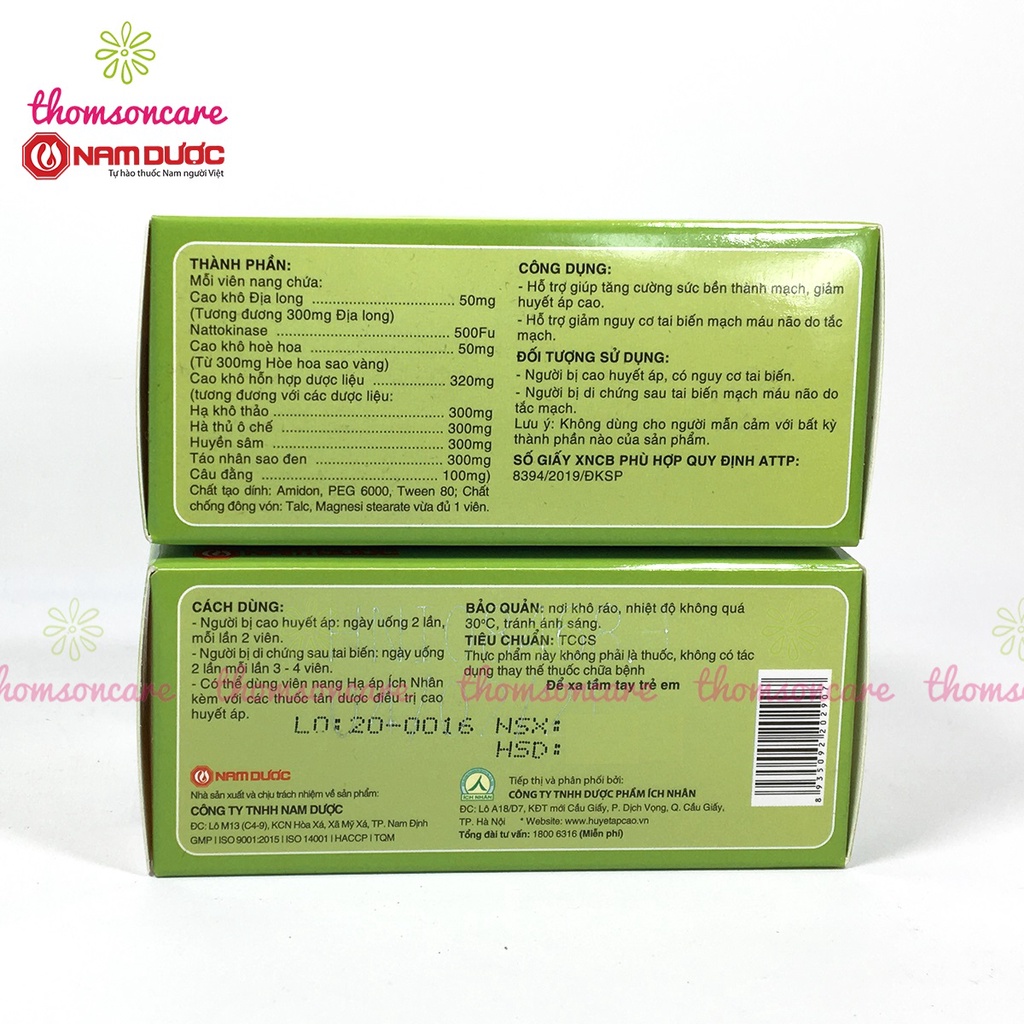 Hạ áp ích nhân - hỗ trợ giảm huyết áp, ngừa tai biến từ địa long, Nattokinase và thảo dược hộp 40 viên