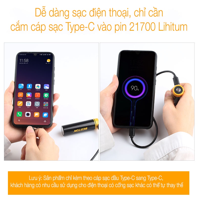 Pin Sac 21770 5000mAh cho đèn pin LED công suất cao Beston dòng xả lớn, pin dự phòng, xe điện, Pin 21770-T50 Type-C