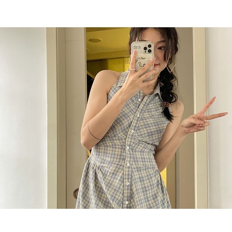 Đầm Sơ Mi Sát Nách Cổ Chữ V Họa Tiết Sọc Caro Thời Trang Mùa Hè Mới