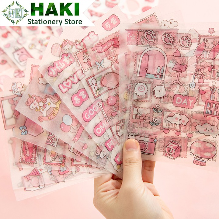 Sticker cute hoạt hình dễ thương HAKI, hình dán cute 4 sticker chống thấm nước trang trí sổ đáng yêu giá rẻ ST27
