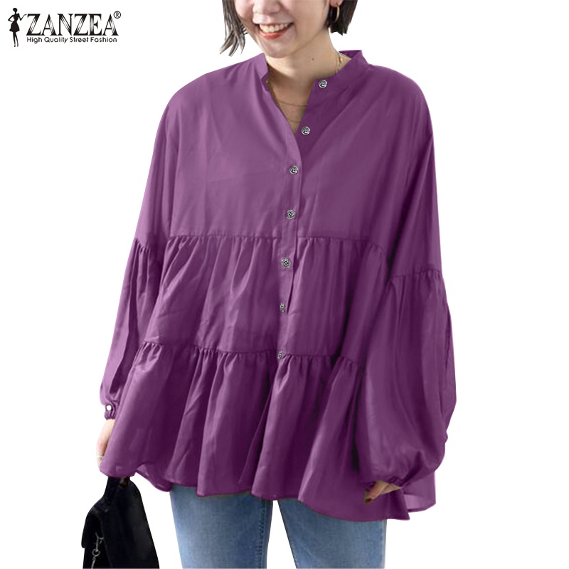 Áo kiểu Zanzea tay phồng dài chất liệu co giãn đính nút thời trang cho nữ