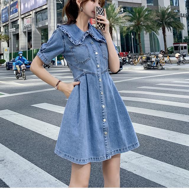 Đầm Denim Dáng Chữ a Cổ Búp Bê Eo Cao Thời Trang Cho Nữ