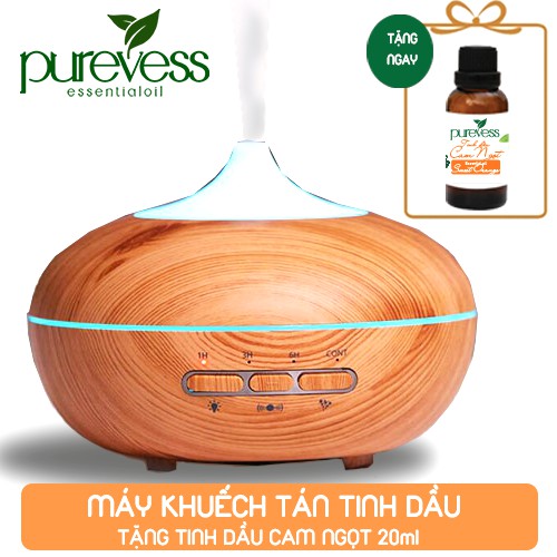 Máy xông tinh dầu Purevess gỗ 350ml - hàng chính hãng, bảo hành 6 tháng, phun sương tạo ẩm, khuếch tán tinh dầu