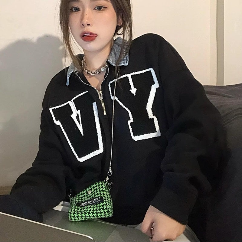 Áo khoác Denim dáng rộng phối khóa kéo nửa thân phong cách Hàn Quốc cá tính cho nữ