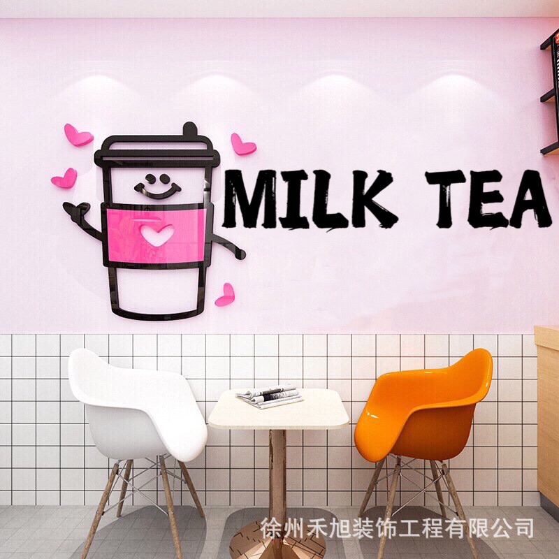 Tranh dán tường mica dán nổi bộ 6 ly trà sữa trang trí quán cafe, trà sữa