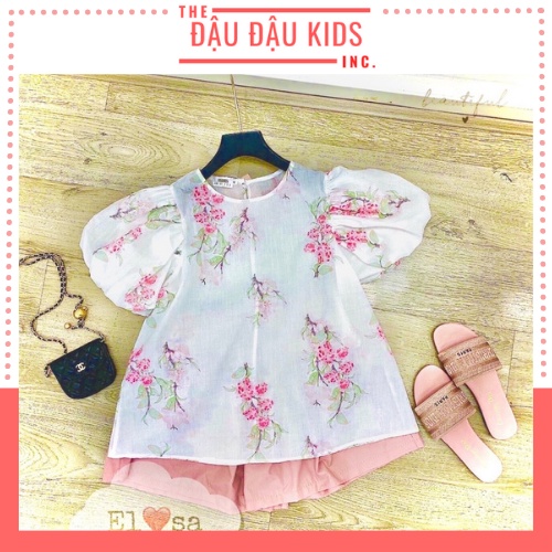 Bộ đồ bé gái, kèm áo thô trắng hoa đào tay xếp ly bồng, quần đũi hồng mỏng mát xinh, siêu đẹp, rẻ.