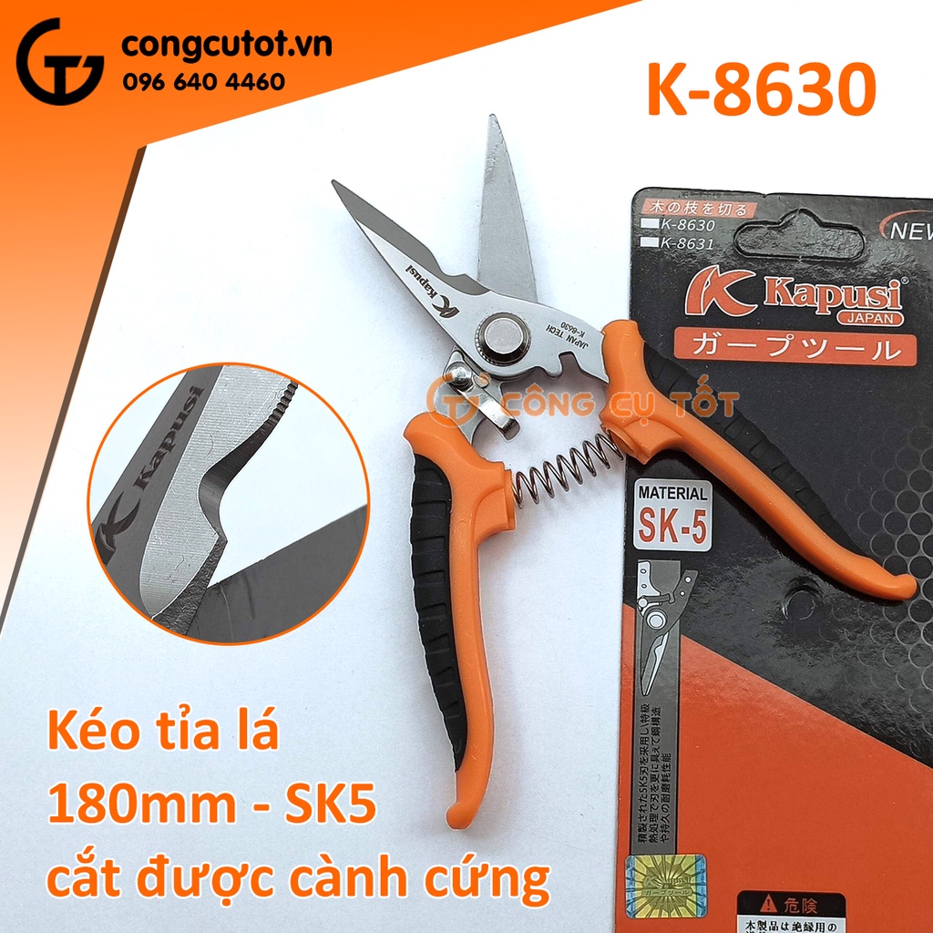 Kéo tỉa lá 180mm có chốt an toàn thép SK5 Kapusi K-8630