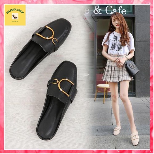 Dép nữ, sục nữ da mềm mũi vuông họa tiết kim loại cao cấp