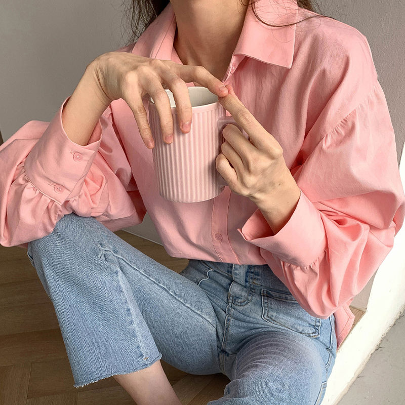 Áo Kiểu Nữ Blouses Women New Korean loose lantern sleeve long sleeve student college style pink