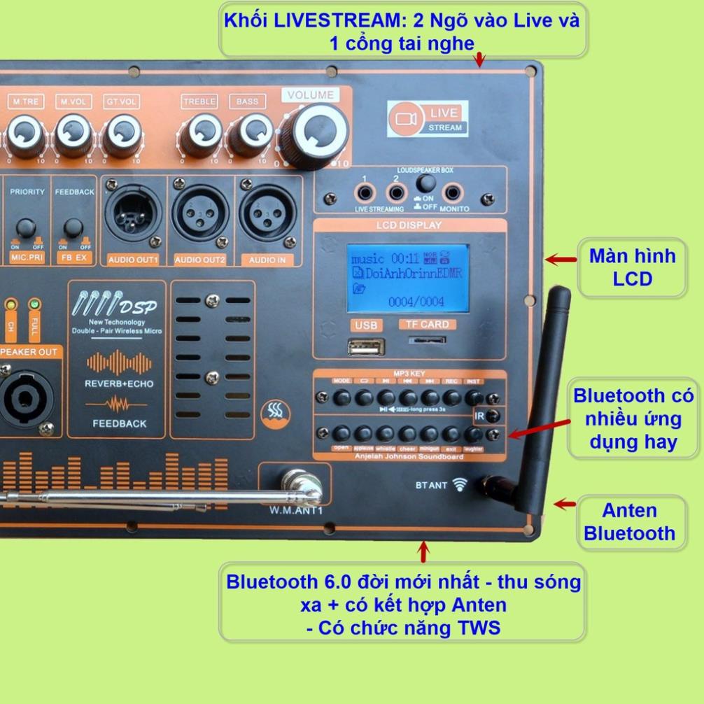 Mạch loa kéo 5 tấc đơn 3 đường tiếng  500W Reverb chống hú DSP Livestream Equalizer 5 Band  kèm 2 tay Micro