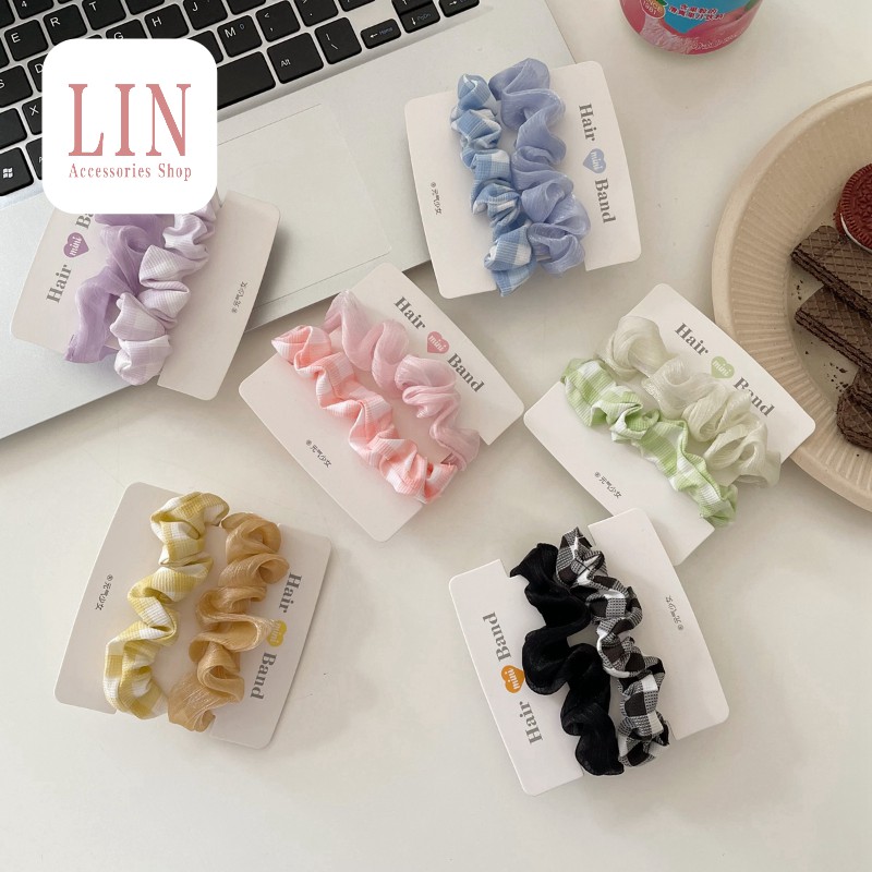 [LIN Accessories] (Bộ 2 Cái) Scrunchies Cột Tóc Vải Bản Nhỏ Caro Nhiều Màu Phong Cách Hàn Quốc Cho Nữ