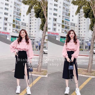 set áo thun hồng bo chun gấu kèm chân váy xẻ kèm ảnh thật