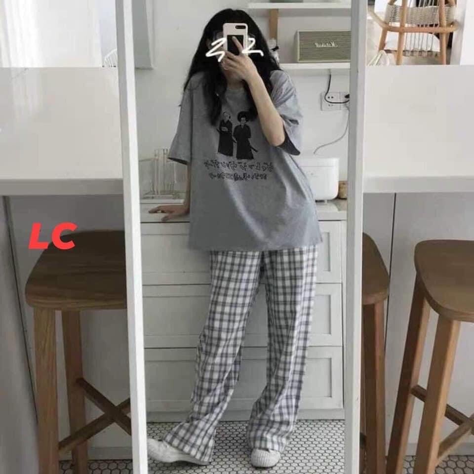 Set Quần Culottes & Áo Thun Samurai ❤️ Bộ quần cạp chun ống suông kẻ caro và áo thun Ulzzang form rộng ❤️