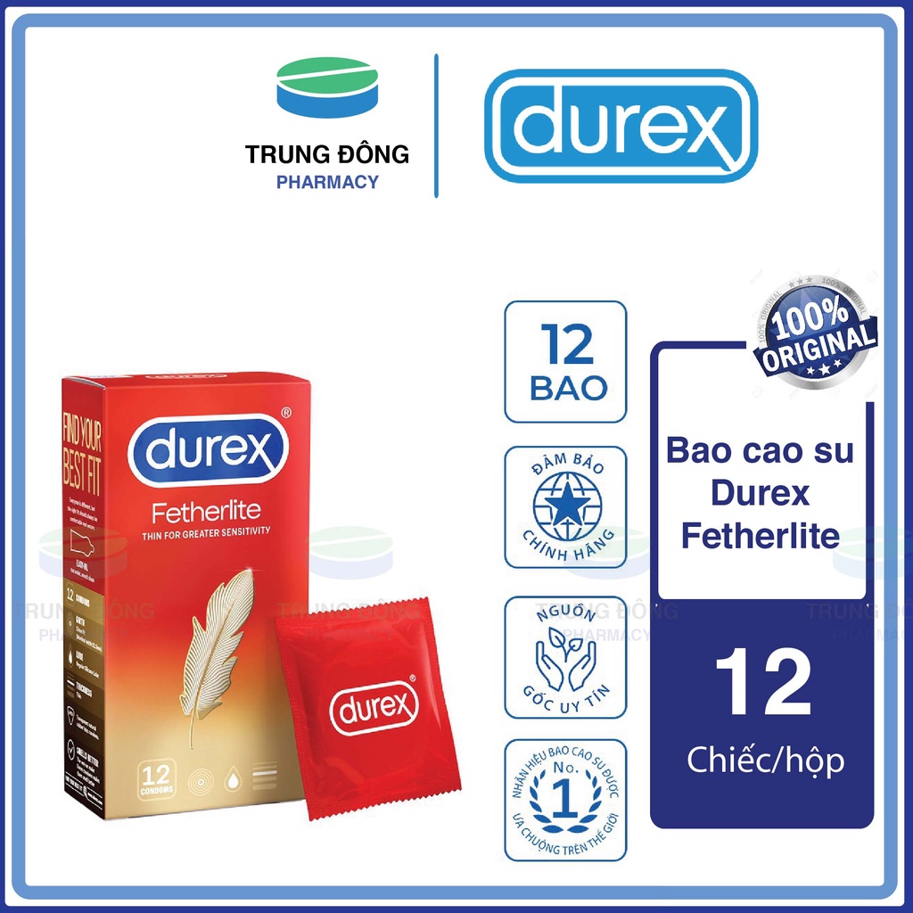 Hộp 12 chiếc Bao cao su Durex Fetherlite siêu mỏng size 52mm, BCS chống Xuất Tinh Sớm - Trung Đông Pharmacy