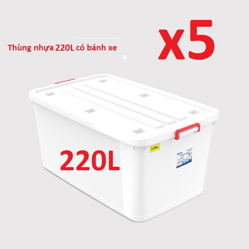 (Hà Nội) Combo 5 thùng nhựa đa năng 220L có bánh xe Duy Tân (Hàng Chính Hãng)