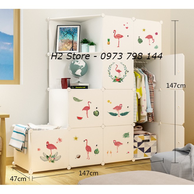 TỦ NHỰA LẮP GHÉP 12 Ô (GỒM 2 KỆ) + 1 Ô VÁCH TRẮNG CỬA CON HẠC DỄ THƯƠNG ĐỂ QUẦN ÁO ĐA NĂNG THÔNG MINH sâu 47cm