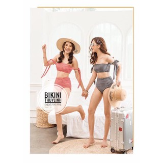 Set bikini caro nơ đỏ đen
