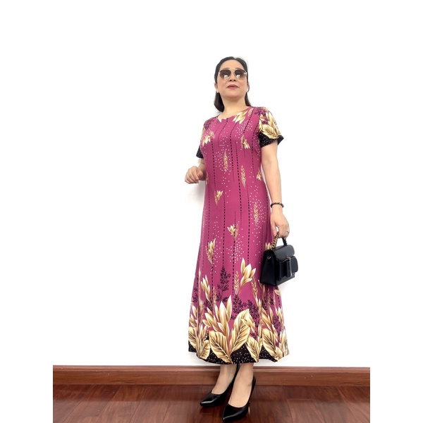 Đầm trung niên nữ,Chất liệu Lanh lụa cao cấp, Hoạ tiết hoa chân sang trọng cho quý bà