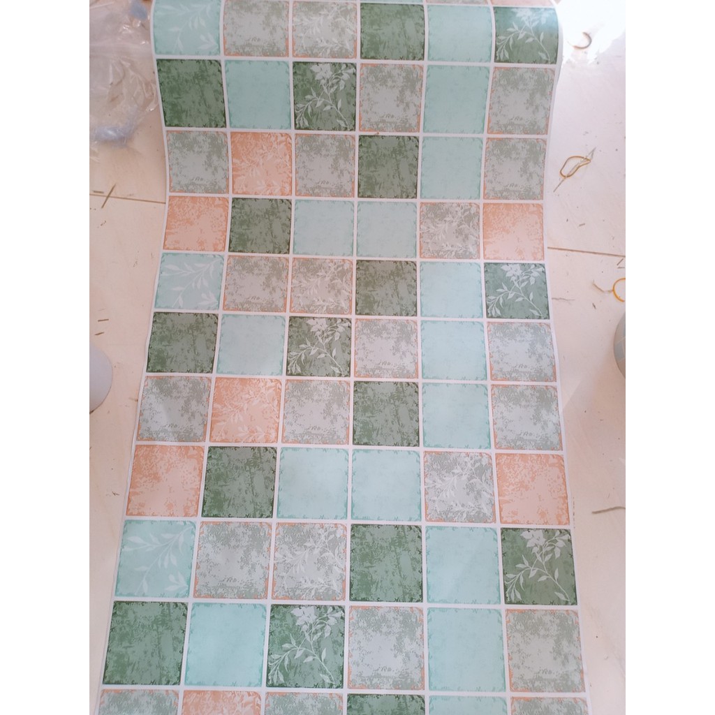 Decal dán bếp tráng nhôm cách nhiệt cổ điển xanh khổ 0.6m keo sẵn