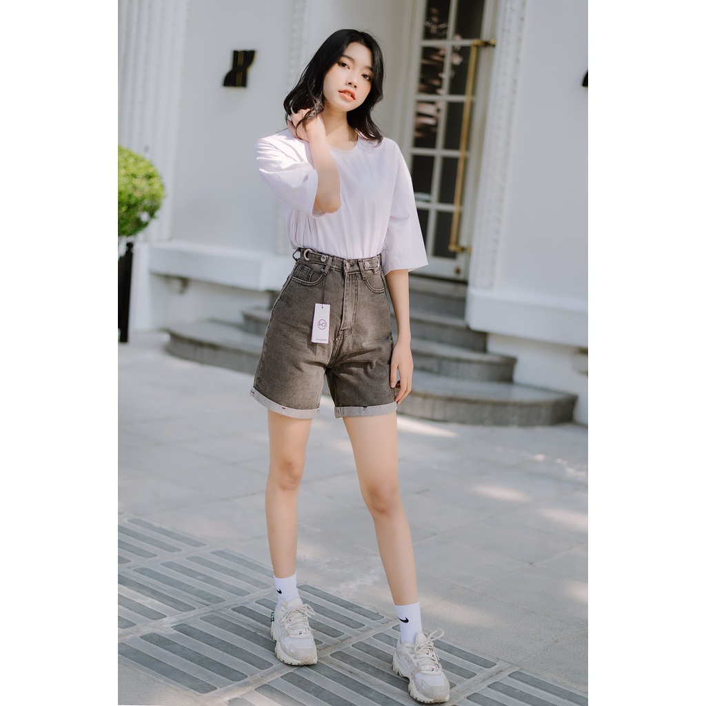 Quần short nữ haiquang Quần short jean nữ cạp cao màu xám đai khuyên -Mã Short HQ02