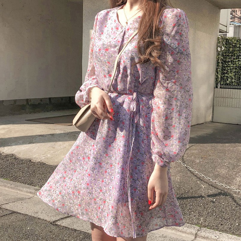 Đầm tay dài cổ chữ V họa tiết hoa nhí nữ tính