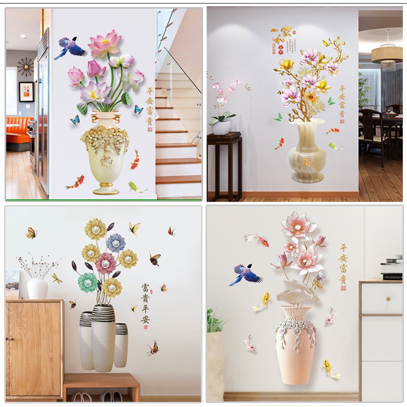 Tranh dán tường 3D hình bình hoa, Miếng dán phong thủy, trang trí phòng
