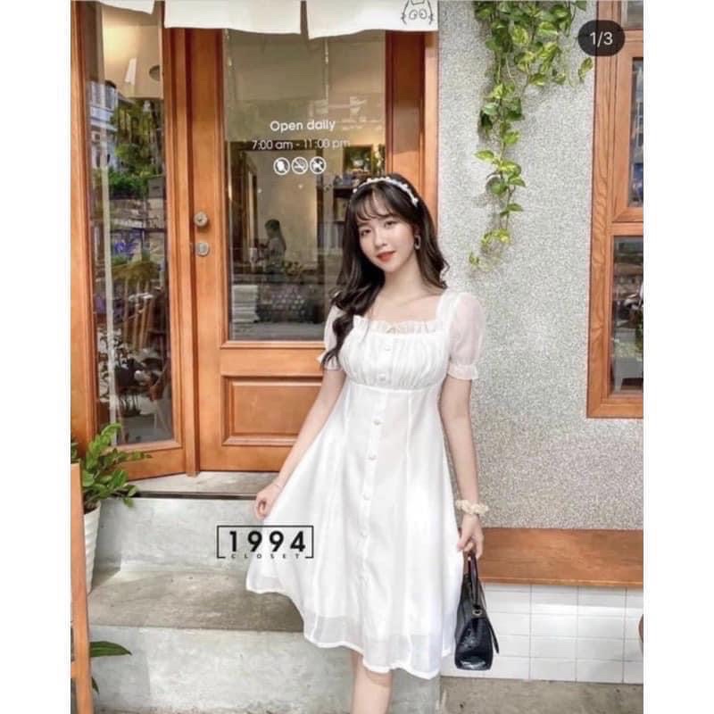Đầm trắng voan 2 lớp tay bồng khuy trước chun ngực Hàn Quốc