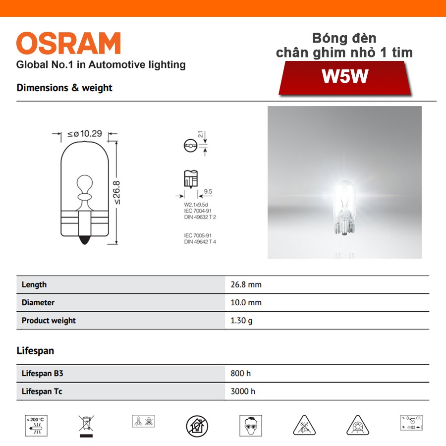 Combo 2 Bóng Đèn Chân Ghim Nhỏ 1 Tim OSRAM Original T10 W5W 24V 5W Nhập Khẩu Chính Hãng