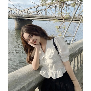 Áo sơ mi nữ cộc tay phồng cổ sen kiểu croptop siêu xinh